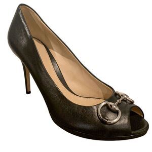 Gucci Black Nappa Leather Silver Horsebit Pumps EU 40 US 10 Peep Toe High Heels